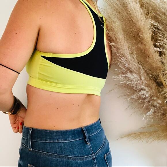 PURE Yellow Black Mesh Inset Ruched Front Sports Bra Crop Racerback S - Picture 3 of 8